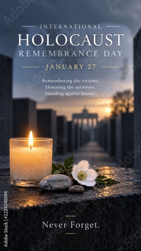 Holocaust Remembrance Day Poster with memorial candle white flowers and archi...