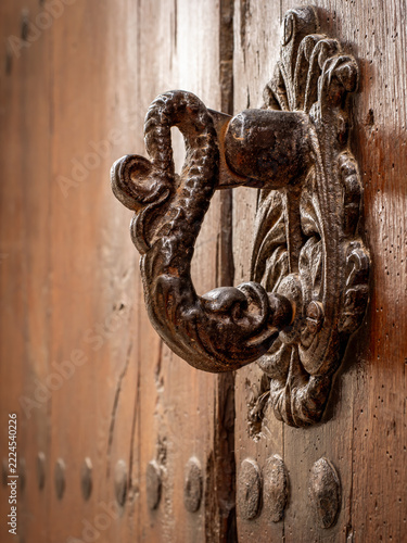 An ornate, antique metallic door knocker is mounted on a weathered, rustic wooden door with visible grain and decorative metal studs