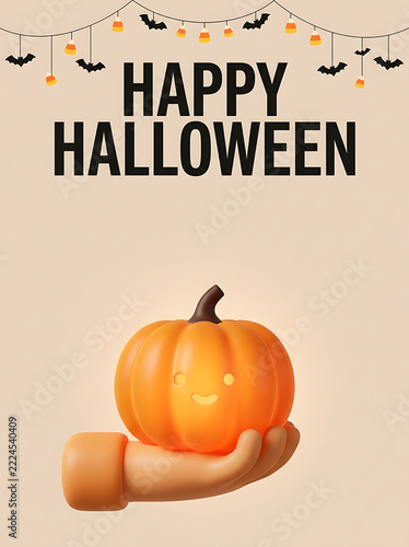 Happy Halloween poster with cute pumpkin on hand with bats and candy corn garland