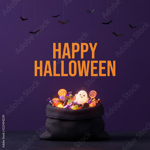 Happy Halloween sack full of candy and ghost for trick or treat celebration.