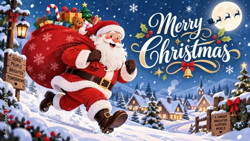 A cartoon festive bearded man carries a large sack through a snowy village be...