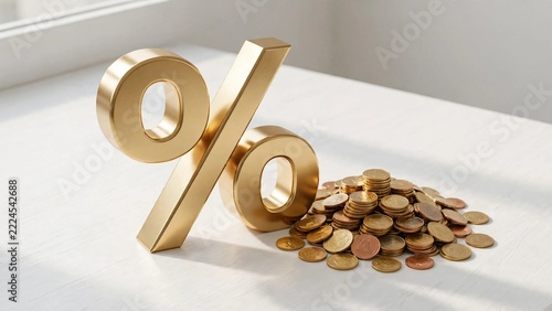 Golden percentage symbol stands beside coin pile, representing interest rate, financial growth, and investment return