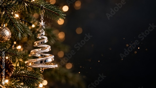 A silver spiral tree ornament hangs from an evergreen branch beside warm gold...