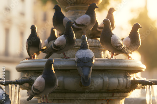 Pigeons rest on a stone fountain, bathed in warm, golden hour sunlight. Water flows gently, adding to the serene urban scene.