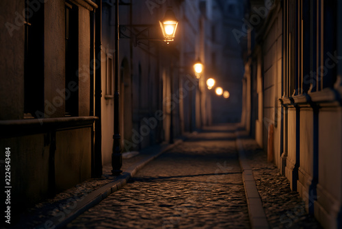Narrow, atmospheric cobbled alley at night, lit by warm streetlights casting long shadows on the old stone pavement, creating a mysterious mood.