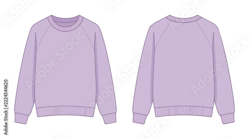 Blank Purple Raglan Sweatshirt Pullover Technical Drawing Front and Back View Mockup for Fashion Apparel Design