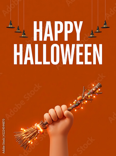 Happy Halloween witch broom with candy corn and lights for festive holiday announcement