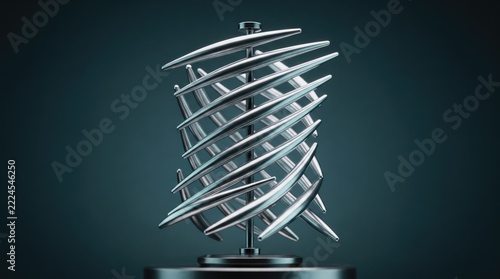 Abstract metallic sculpture with curved rods arranged around a