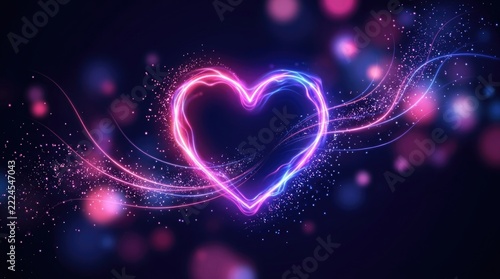 Glowing Pink and Blue Neon Heart with Flowing Light Trails and Sparkling Particles on Dark Romantic Background
