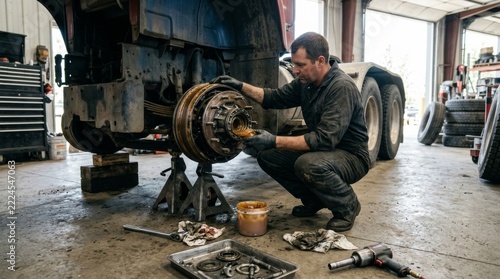 Inside a garage workshop a mechanic greases the exposed wheel hub of a