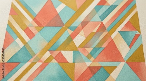 Abstract Geometric Pattern with Overlapping Pastel Triangles and Diagonal Stripes on Textured Paper