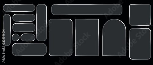 Set of liquid glass elements in different shapes, designed in a modern glassmorphism style. Glass panels with a smooth liquid glass effect. Perfect for UI design, backgrounds