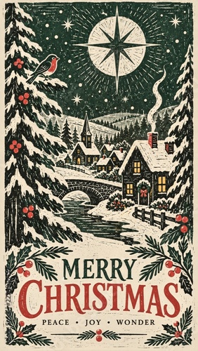 Christmas Poster with woodcut snowy village and evergreen trees
