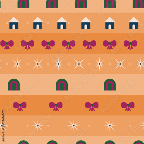 Seamless festive pattern with houses and bows in horizontal rows snowflake christmas