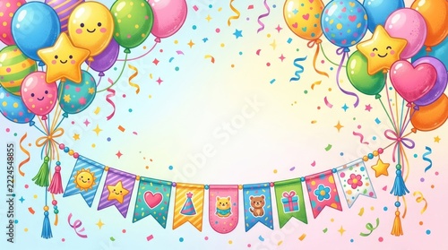 Cute Colorful Birthday Celebration Background with Smiling Balloons Stars Confetti and Festive Party Bunting