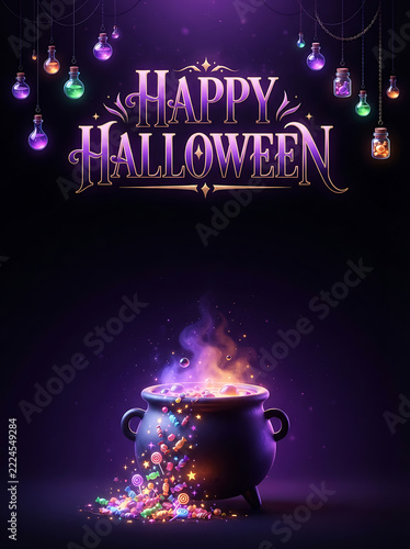 Witch cauldron overflowing with candies for happy Halloween celebration poster