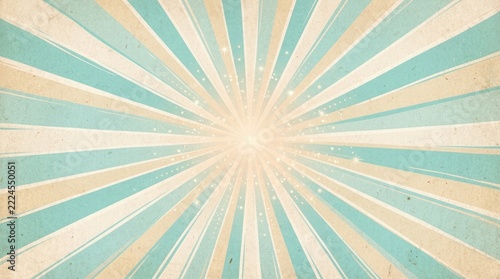 Vintage Retro Sunburst Background with Turquoise and Cream Radial Rays and Glowing Center on Textured Paper