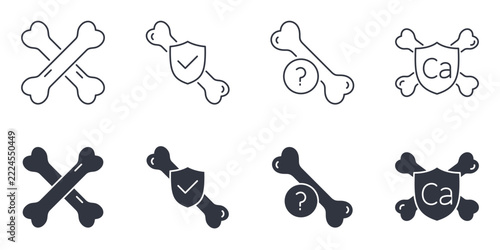 Bone health vector icons. Editable stroke line and black solid set. Calcium deficiency, bone strength, skeletal protection and osteoporosis prevention symbols for medical care, orthopedic healthcare.