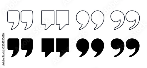Quotation marks vector icons. Editable stroke line and black solid set. Different double quote symbols, comma shapes and speech punctuation signs for citation text typography blog and graphic design