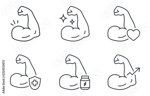 Muscle strength vector line icons. Editable stroke set of flexed biceps with symbols of power health protection nutrition and muscle growth. Fitness bodybuilding workout physical training concepts.