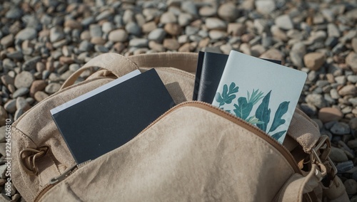 A backpack with two books inside, suitable for school or travel