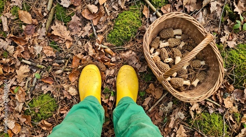 Mushroom foraging in the autumn forest, person wearing yellow rubber boots and wicker basket filled with fresh morels, outdoor harvest concept