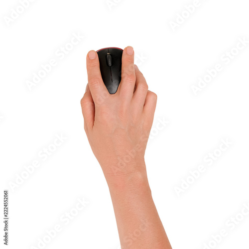 Hand using a black computer mouse with fingers positioned on buttons, isolated on a transparent background