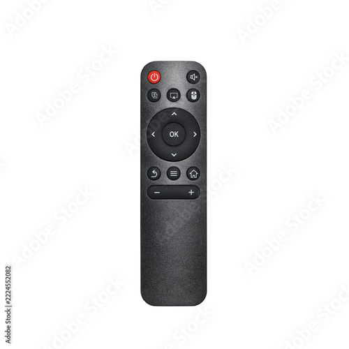Black remote control with navigation, power, volume, and menu buttons isolated on a transparent background