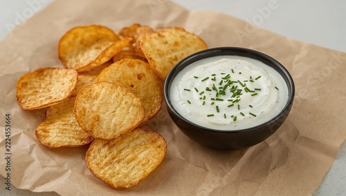 A bowl of savory dip accompanied by crunchy potato chips, perfect for a quick snack or party