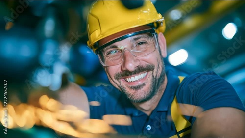 A smiling machinist wearing safety glasses works at a lathe in an industrial workshop, illustrating metalworking, skilled labor and workplace safety