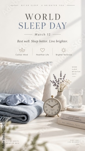World Sleep Day Poster with folded blankets and cozy pale bedding