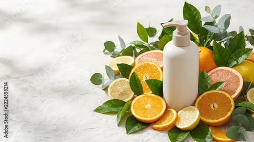 Citrus spray bottle with sliced oranges and leaves