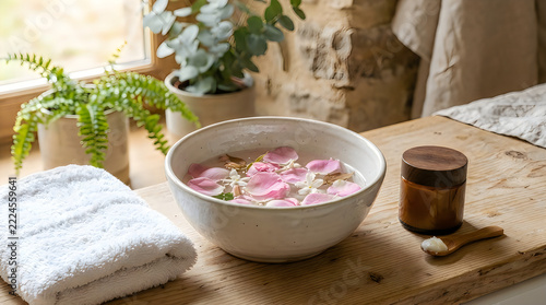 Bowl of ramen with toppings on wooden table