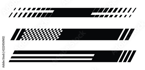Bold black racing stripes. Dynamic geometric speed banner. Modern checkered pattern graphic. Sporty decorative divider.