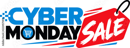 Cyber Monday sale typography banner with red price tag and shopping cart vector illustration