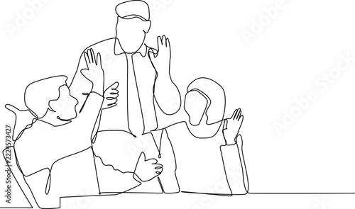 Single one line art of young muslim sales team celebrate their solid teamwork. Arab middle east businessmen with shmagh, kandura, thawb, robe cloth