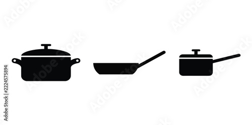 Set of professional cooking cookware vector icons including a soup pot, frying pan, and saucepan for kitchen utensils design