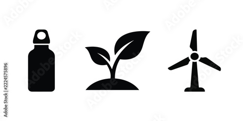 Set of ecology vector icons featuring a water bottle, plant sprout, and wind turbine for environmental sustainability and green energy
