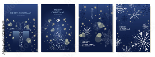 Merry Christmas and Happy New Year greeting cards. Luxury invitation with Christmas tree, gift, snowflakes, spot texture on blue background. Vector design for posters, covers, banners