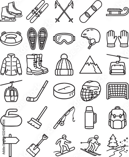 Winter sports equipment line icons a collection of stylized outlines on a white background alpine skiing biathlon bobsleigh broomball curling figure skating freestyle gliding hockey