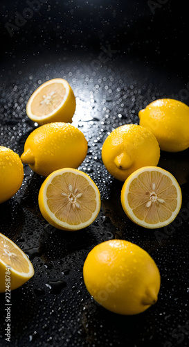 Freshly sliced lemons on a dark, textured surface with water droplets
