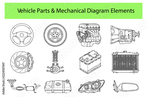 Vehicle parts and mechanical diagram elements presented as line art icons for technical manuals.