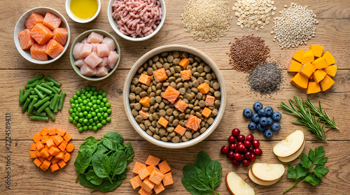 Assorted healthy food ingredients on wooden table