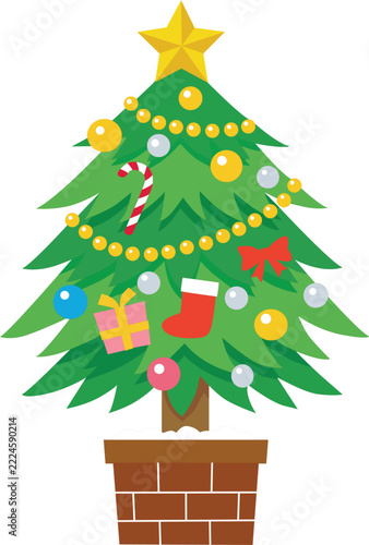 Cute Christmas Tree with Star, Colorful Ornaments and Gifts