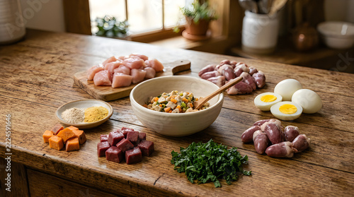 Traditional meat skewers and spices on wooden table