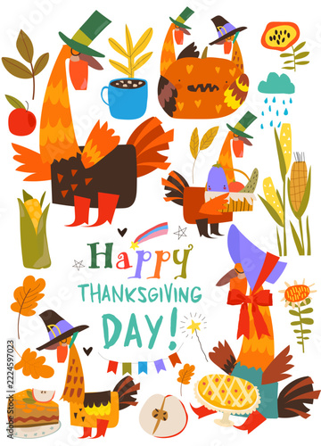 Cute Thanksgiving Set Composed of Funny Turkeys and Harvest