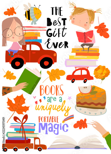 Cartoon Set With Funny Kids reading Books. Cars carrying Stack of Books