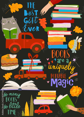 Cartoon Set With Funny Cat and Cars With Stacks of Books