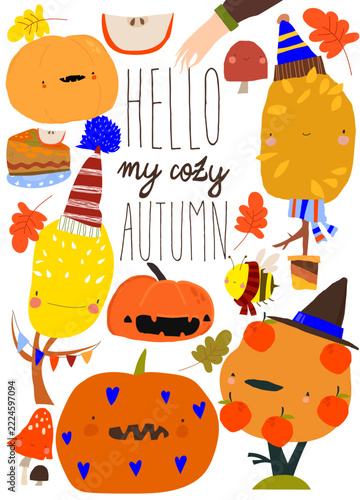 Cartoon Autumn Color Trees and Pumpkins