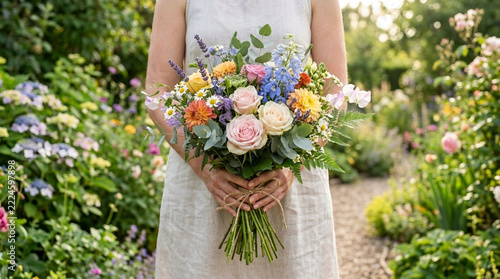Beautiful Summer Bouquet Held by Woman in Garden Colorful Fresh Flowers Soft Natural Light Romantic Floral Arrangement